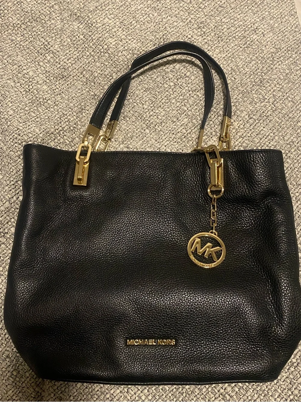 Michael Kors Black Leather Tote with Gold Logo Plaque